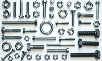 Obraz premium Assortment of Metal Fasteners: Bolts Nuts and a Ring