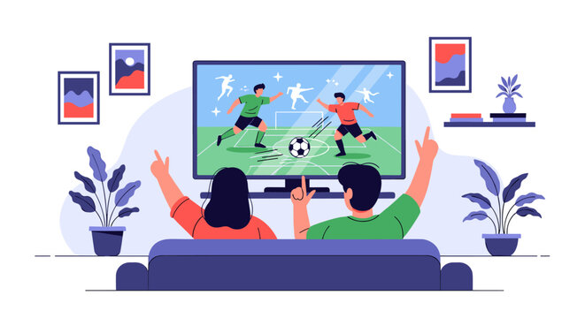Couple enjoying watching soccer match on television together in living room entertainment