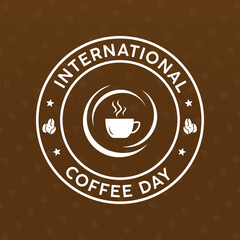 International coffee day logo with white cup and beans on brown