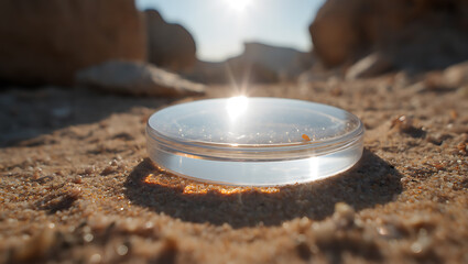 Petri Dish with Water on Sandy Ground Under Sunlight