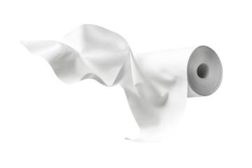 White toilet paper roll unfurling with flowing paper isolated on transparent background. Roll of paper kitchen towels flying isolated on white background.