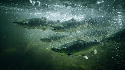 Fototapeta premium Majestic salmon swim in sunlit underwater realm. AI image