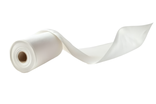 Unrolling white toilet paper roll isolated on transparent background. Roll of paper kitchen towels flying isolated on white background.