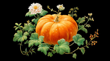Obraz premium Artistic Pumpkin and Flower Illustration on Black Background Featuring Lush Green Foliage