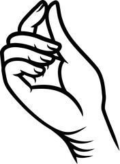 A hand pinching fingers in a pinch, possibly doing a pay me cash money gesture in a vintage retro woodcut tattoo design style.