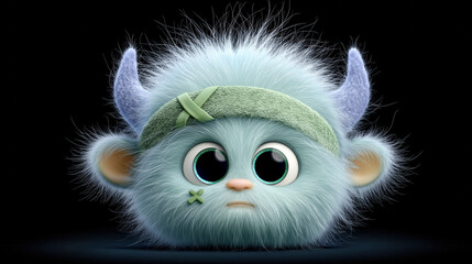 Obraz premium Cute Fluffy Monster with Blue Fur and Horns in Animated Style