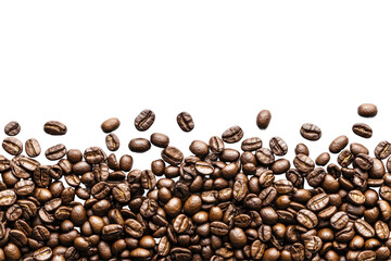 Naklejka premium Pile of roasted coffee beans falling isolated on transparent background. Row of Panoramic coffee beans isolated on white background.
