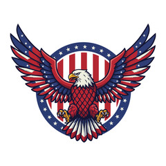 American Bald Eagle with Wings Spread and USA Flag Badge, Flat Vector Patriotic Illustration