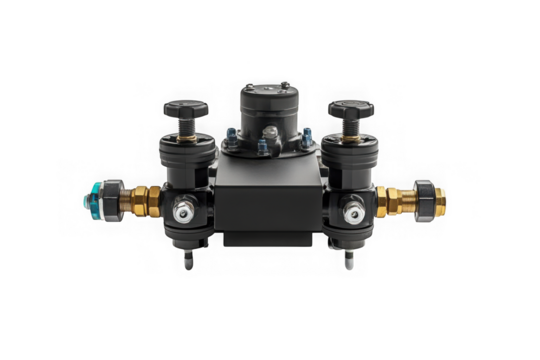 Industrial valve system assembly, pressure control device, plumbing component, mechanical equipment, black metal fixture isolated on transparent background