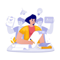 Female author multitasking writing creative article vector illustration