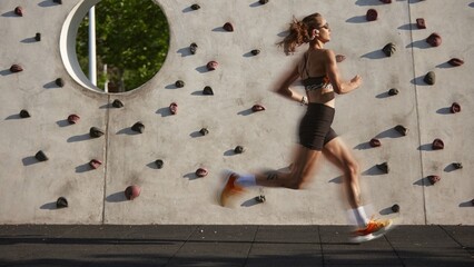 Woman running past climbing wall under sunlight in athletic wear. Concept of progress tracking,...