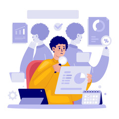 Multitasking man analyzing graphic report data vector illustration