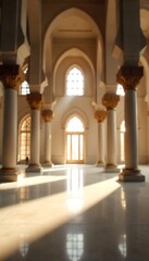 Fototapeta premium Generative AI: Interior of a grand hall with columns and arches illuminated by sunlight creates a