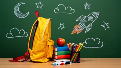 Back to school concept with yellow backpack books apple and drawings on a green chalkboard illustrating education and learning space adventure