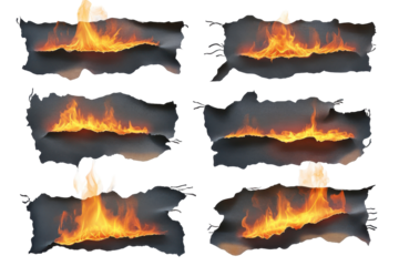 Six pieces of burning paper with flames isolated on transparent background. Set of abstract burning torn paper pieces isolated on white background.