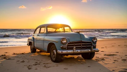 Fotobehang Oldtimers Vintage car on sandy beach at sunset, ocean waves in background  © Yoki