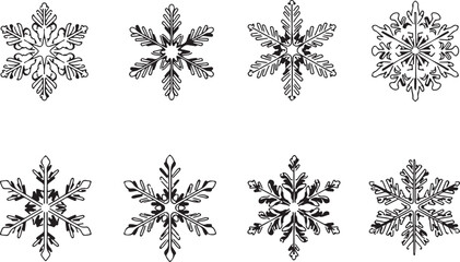 Eight Detailed Black and White Snowflake Illustrations on White winter graphic