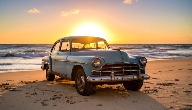 Fototapeta Vintage car on sandy beach at sunset, ocean waves in background