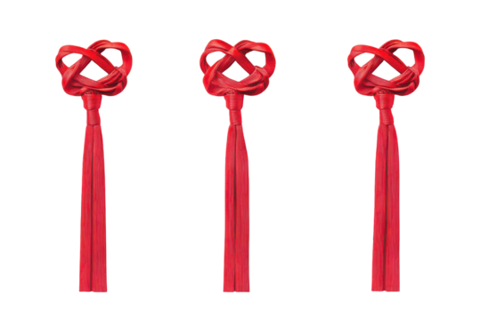 Three red chinese knots with tassels isolated on transparent background. Set of chinese art traditional knot tying with vibrant red decorative ribbons isolated on white background.