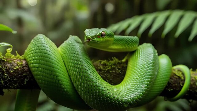Emerald Green Pit Viper Coiled on a Mossy Branch in Rainforest snake green snake