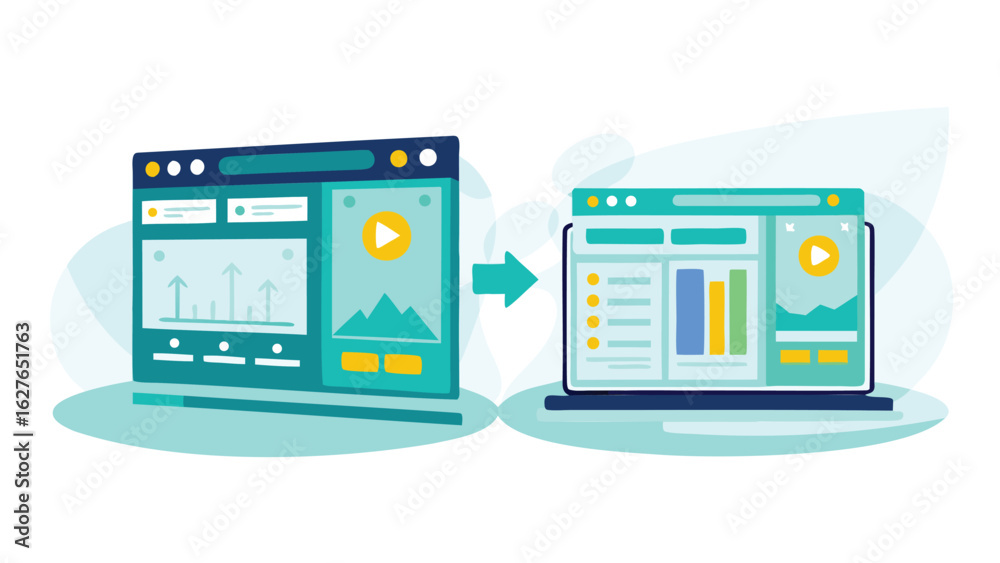Wall mural illustration showing data migration from an old interface to a new modern interface with an arrow in