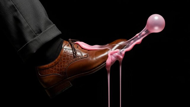 A brown leather dress shoe with pink bubblegum stuck to the sole, closeup against a black background