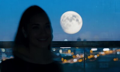 A woman is standing in front of a large window, looking out at the sparkling city lights at night. The moon is full and bright, casting a gentle glow - Powered by Adobe