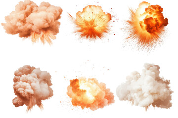 Collection of fiery explosions and smoke puffs isolated on transparent background. Set of explosion effects with fire and smoke isolated on white background.