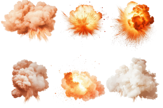 Collection of fiery explosions and smoke puffs isolated on transparent background. Set of explosion effects with fire and smoke isolated on white background. - Powered by Adobe