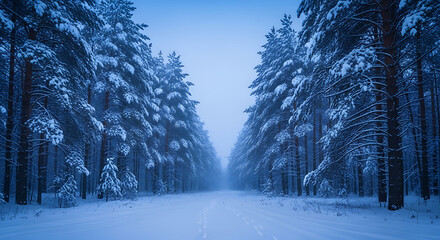 A tranquil winter path leading through a dense, snow-covered pine forest on a cold, foggy morning