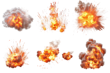 Collection of fiery explosions and smoke puffs isolated on transparent background. Set of explosion effects with fire and smoke isolated on white background.