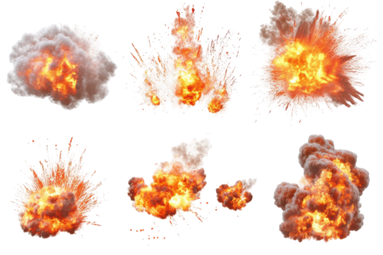 Collection of fiery explosions and smoke puffs isolated on transparent background. Set of explosion effects with fire and smoke isolated on white background.