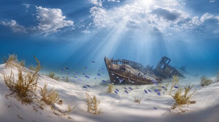 Sunlit shipwreck beneath ocean waves. AI image