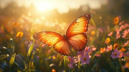 Golden Hour Butterfly in a Field of Flowers butterfly field golden insect nature flower sunset bokeh