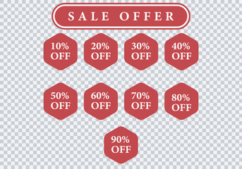 Special offer discount on red tags with different value percent off 90, , 80,  70, , 60, , 50, , 40, , 30, , 20, , and 10% price icon design best logo