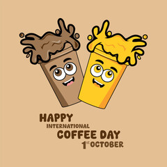 Two cute coffee cups cartoon with smiling faces for coffee day