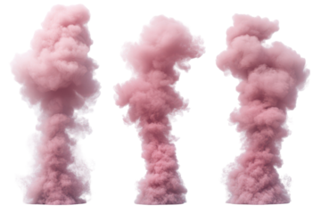 Three plumes of pink smoke rising in abstract shapes isolated on transparent background. Set of pink smoke effects isolated on white background.