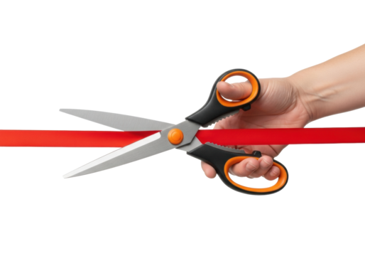 Adult human hand, light skin, holding professional metallic scissors with silver blades, orange and black handles, poised above vibrant satin red ribbon on a transparent background, uniform studio