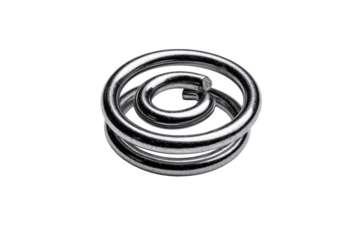Close-up of a coiled metal spring.  Three concentric rings.  Sleek, polished metal.  High-contrast image