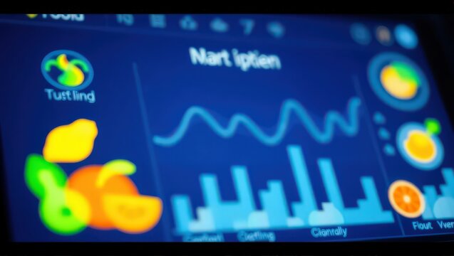 A screen displaying graphs and fruit icons with the text nart iction and tutting visible on it