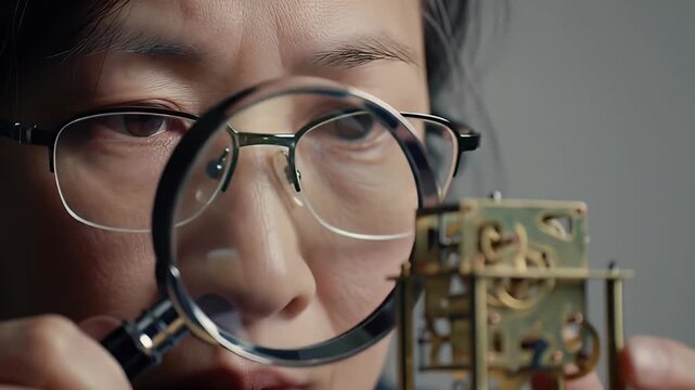 Focused person examining an antique clock mechanism through a magnifying glass