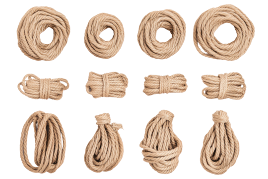 Collection of ancient rope and twine samples isolated on transparent background. Set of rope isolated on white background.