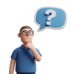 Cartoon man wearing glasses thinking deeply with a blue question mark speech bubble isolated on transparent background