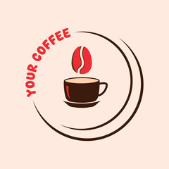 Coffee logo with red cup and steam on light background