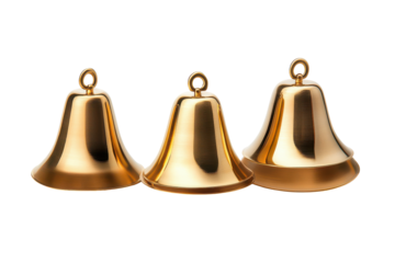 Three shiny golden christmas bells isolated on transparent background. Set of Three beautiful golden bells with unique isolated on white background.