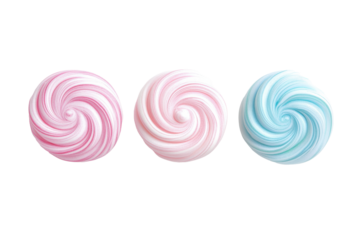 Three swirled meringue cookies pink and blue isolated on transparent background. Set of Three cotton candy swirls isolated on white background.