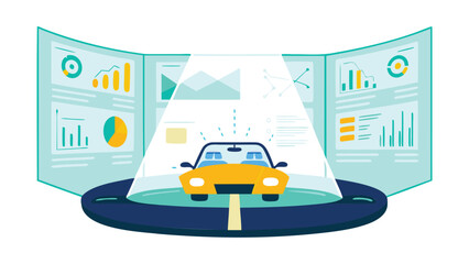 Yellow car on a platform with data charts displayed on screens in the background showcasing information