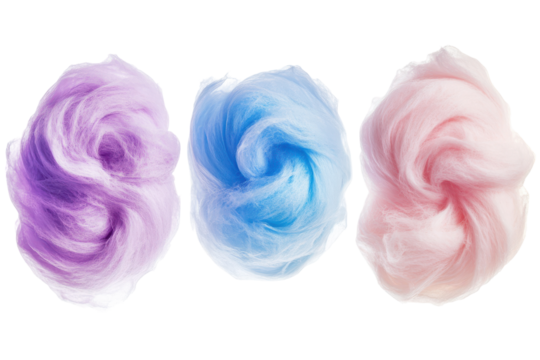Three swirls of pastel colored slime isolated on transparent background. Set of Three cotton candy swirls isolated on white background. - Powered by Adobe