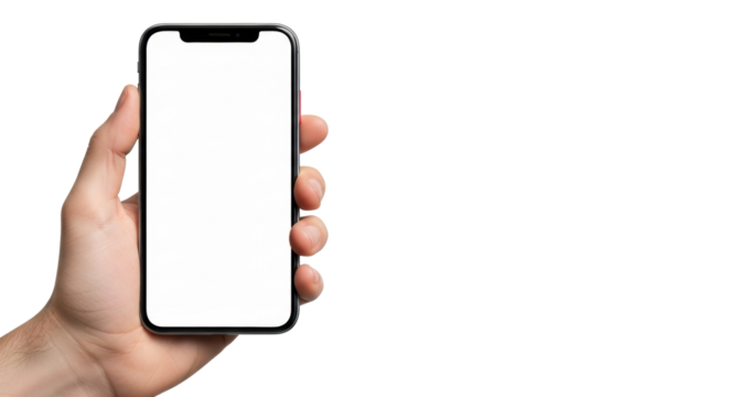 A neutral-toned adult hand subtly holds a sleek black smartphone with a vibrant blank white screen and red side button, presented on a transparent background with copy space on the right, concept of