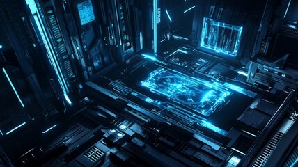 Futuristic command center with blue neon glows. AI image
